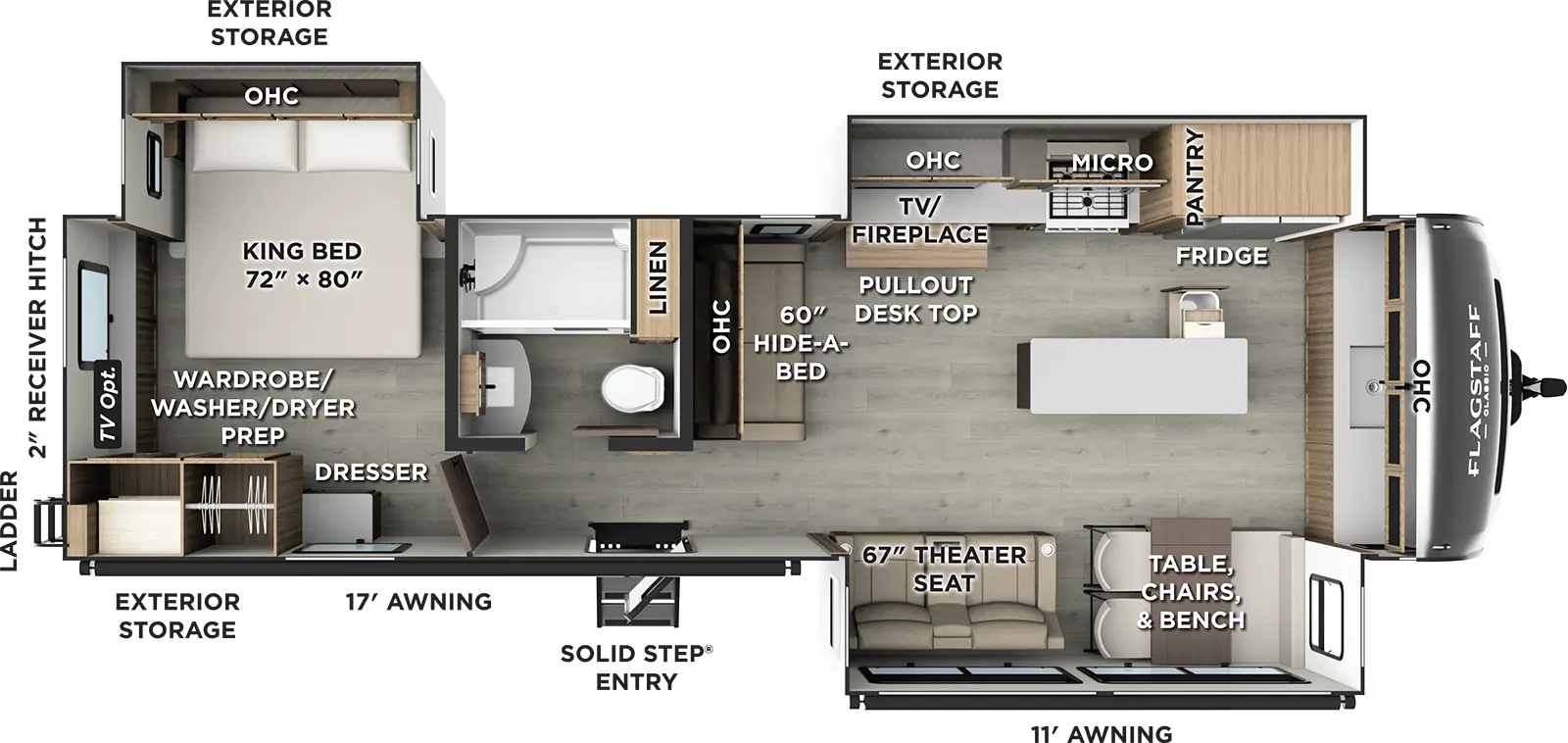 The Flagstaff Classic Travel Trailers 832FK floorplan has one entry and three slide outs. Exterior features include: fiberglass exterior and 17' & 11' awning. Interiors features include: front kitchen, kitchen island and rear bedroom.